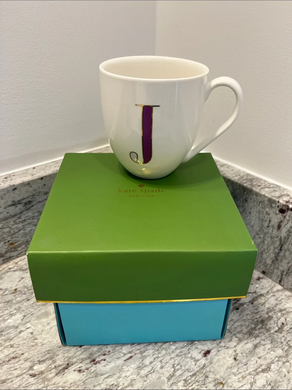 kate spade White Porcelain Mug with Purple Initial J and Gold Trim